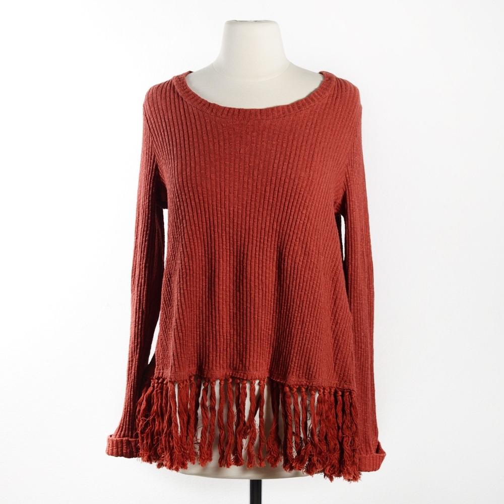 Fringed Rust Knit Sweater Top